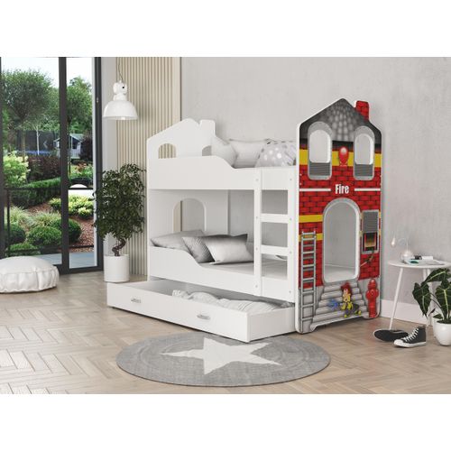 Hochbett, Kinderbett , Etagenbett DO-DO- Weiß mit Feuerwehr Motiv , 190x80 cm , mit Matratze