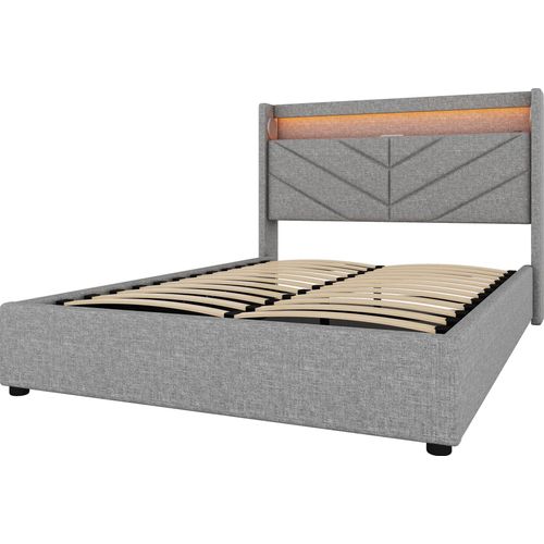 Doppelbett 140x190cm PolsterbettOhne MatratzeAmbientebeleuchtung mit Fernbedienung mit Hydraulik Mit USB und Stereoanlage Leinen Grau