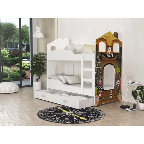 Hochbett, Kinderbett , Etagenbett DO-DO- Weiß mit Piraten Motiv , 190x80 cm , mit Matratze