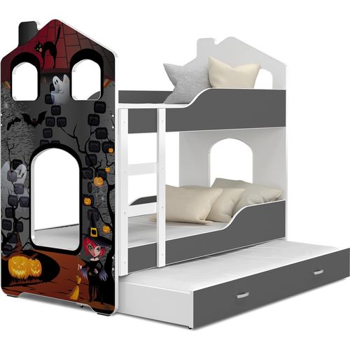 Hochbett, Kinderbett , Etagenbett D-3 , 190x80. Auch für 3 Kinder geeignet . Mit Matratze , Farbe Grau mit Halloween Motiv