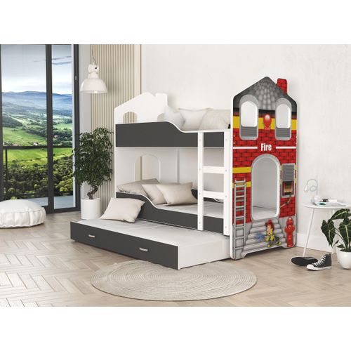 Hochbett, Kinderbett , Etagenbett D-3 , 190x80. Auch für 3 Kinder geeignet . Mit Matratze , Farbe Grau mit Feuerwehr Motiv