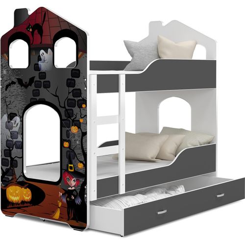 Hochbett, Kinderbett , Etagenbett DO-DO- Grau mit Halloween Motiv , 160x80 cm , mit Matratze