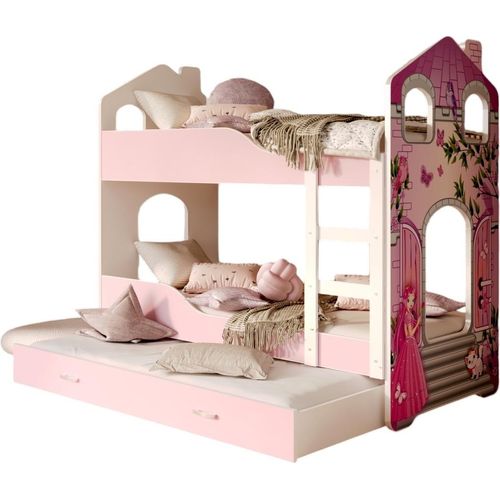 Hochbett, Kinderbett , Etagenbett D-3-, 190x80. Auch für 3 Kinder geeignet . Mit Matratze , Farbe Rosa mit 01 E Motiv