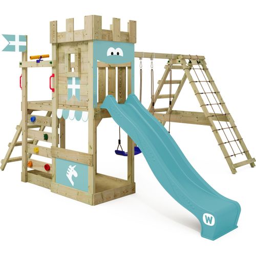 WICKEY Spielturm Ritterburg DragonFlyer mit Schaukel & Rutsche, Spielhaus mit Sandkasten, Kletterleiter & Spiel-Zubehör – pastellblau