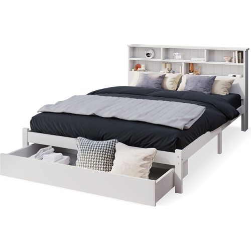 Massivholz Kinderbett(90x200cm,Weiß)mit Schubladen und Lattenrost, Bücherregal Jugendliche und Erwachsene Kinderbett