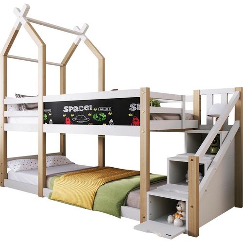 Kinderbett Baumhaus inkl.Tafel Bett mit Speicherung und Rausfallschutz,Hochbett für Kinder– 2x Lattenrost- Natur