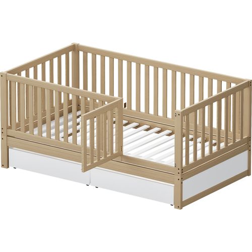 Kinderbett 90x200cm Einzelbettohne Matratze) mit Vollabtrennung Mehrzweckbettrahmen umbaubar in zwei getrennte Betten Weiß und Holzfarbe