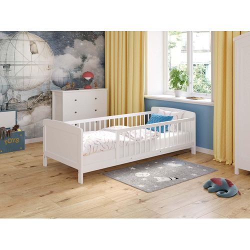 Modernes Juniorbett - 160x80 cm, weißes Bett, Kinderbettgestell, gemütliches Kinderbett, bodennahes Bett im Stil für Mädchen oder Jungen.