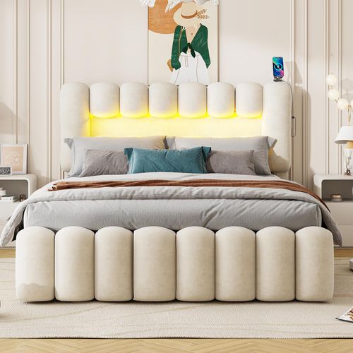 Doppelbett 160x200cm PolsterbettOhne MatratzeJugendbett mit 4 Schubladen mit LED-Lichtleiste mit USB und Stereoanlage Samt Beige