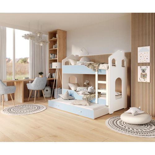 Hochbett, Kinderbett , Etagenbett DO-DO-3 , 190x80. Auch für 3 Kinder geeignet . Mit Matratze , Farbe Weiß/Blau