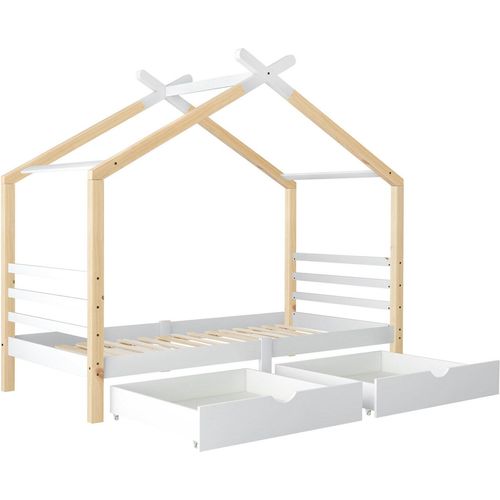 Kinderbett Hausbett mit Schubladen,Massivholz mit Lattenrost, Kiefernholz Hausbett , Kinder und Jugendzimmer, weiß+holzfarbe