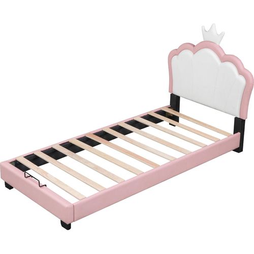 Kinderbett Polsterbett mit Lattenrosten und Rückenlehne, Mädchenbett mit Kronenformung, rosa