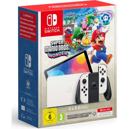 Nintendo Switch Konsole OLED Weiß Super Mario Bros. Won. inkl. Super Mario Bros. Wonder (vorinstalliert.) + 12 Monate