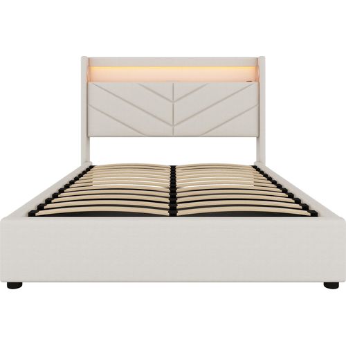 Polsterbett 140x190cm DoppelbettOhne MatratzeLeinen Beige Ambientebeleuchtung mit Fernbedienung mit Hydraulik Mit USB und Stereoanlage