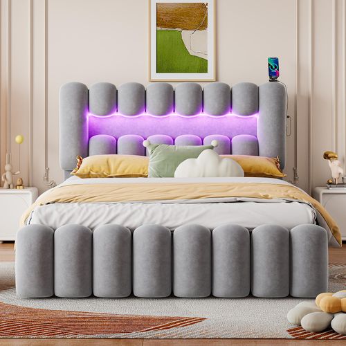 Doppelbett 160x200cm PolsterbettOhne MatratzeJugendbett mit 4 Schubladen mit LED-Lichtleiste mit USB und Stereoanlage Samt Grau