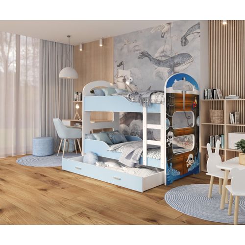 Hochbett, Kinderbett , Etagenbett DOMI , 160x80 cm , mit Matratze , Farbe Blau mit Piraten Motiv