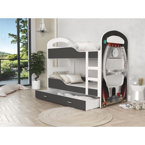 Hochbett, Kinderbett , Etagenbett DO , 160x80 cm , mit Matratze. Farbe Grau mit Rakete Motiv