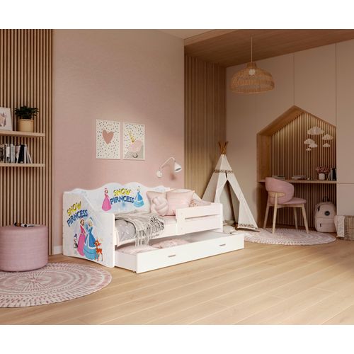 Kinderbett , N-180-2- Weiß mit Snow Princess Motiv , 180x80 cm , mit Matratze