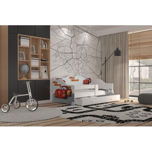 Kinderbett , N04- Weiß mit Fire Wheels Motiv , 160x80 cm , mit Matratze