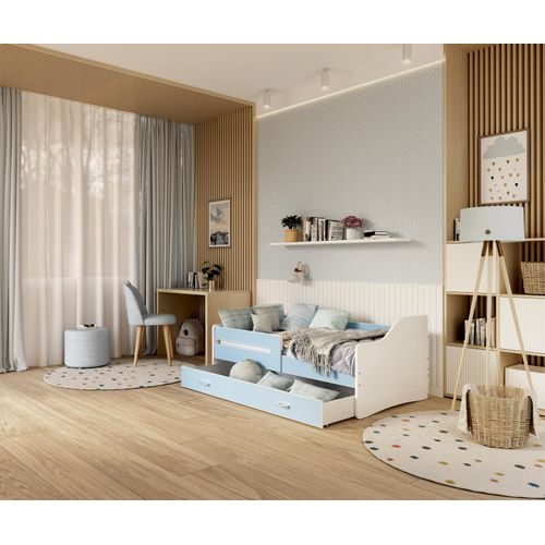 Kinderbett , SWE-180-B, Schlaffläche 180x80 cm , mit Lattenrost und Matratze. Farbe Weiß/Blau