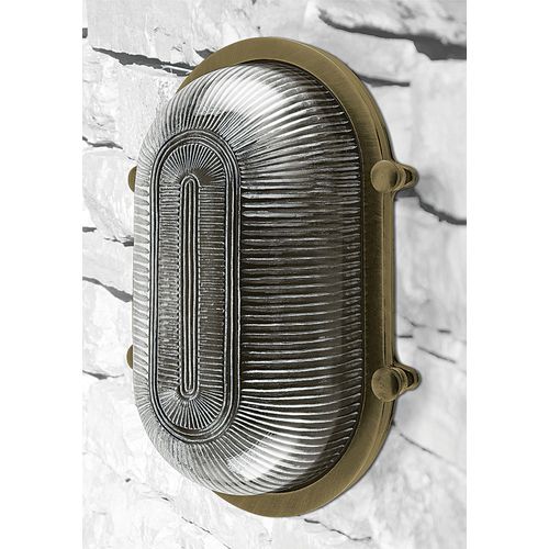 Außenwandleuchte Messing massiv Glas E27 IP64 26 cm breit in antik Maritim Ovalleuchte