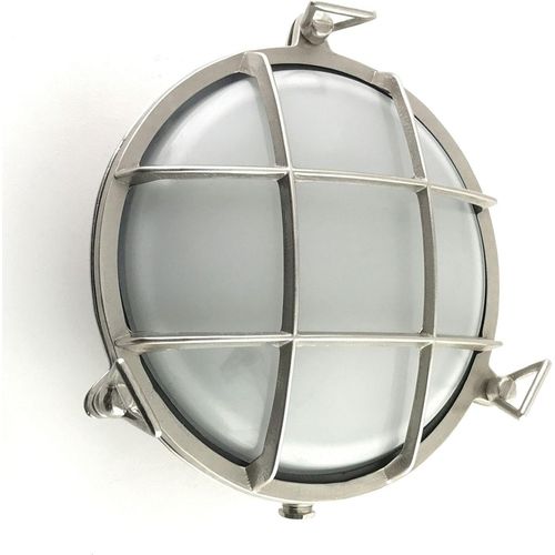 Außenleuchte Wand Echt-Messing Glas E27 IP64 Ø 24 cm rund Nickel matt Weiß Maritim Kellerleuchte
