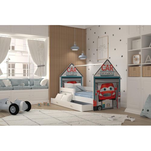 Kinderbett , DAI-180-02- Weiß mit Cars Service Motiv , 180x80 cm , mit Matratze