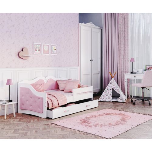 Kinderbett ,LI-TR-160 , Schlaffläche 160x80 cm , mit Lattenrost und Matratze, Farbe Weiß mit gepolsterte Seiten - Rosa