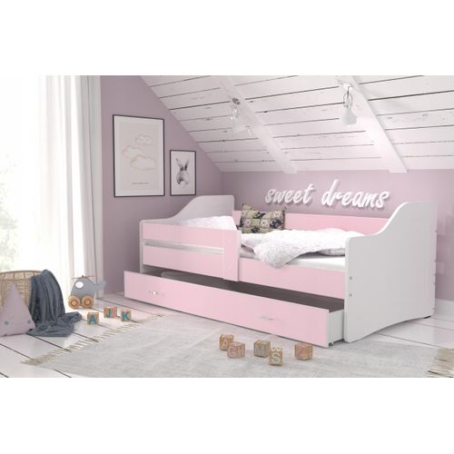 Kinderbett , SWE-180-R, Schlaffläche 180x80 cm , mit Lattenrost und Matratze. Farbe Weiß/Rosa