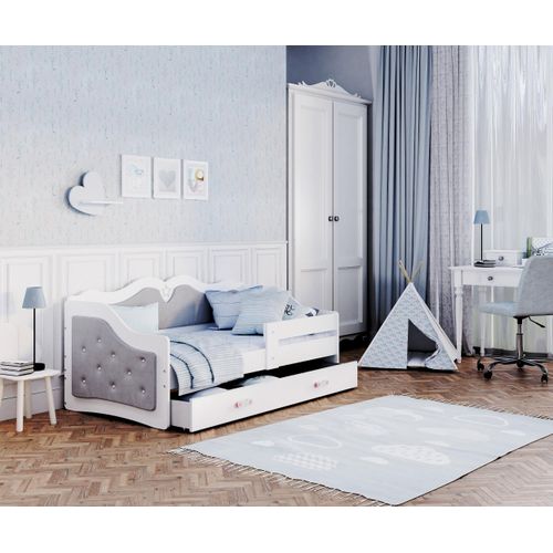 Kinderbett ,LI-TG-160 , Schlaffläche 160x80 cm , mit Lattenrost und Matratze, Farbe Weiß mit gepolsterte Seiten - Grau
