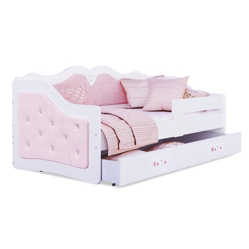 Kinderbett ,LI-TR-180 , Schlaffläche 180x80 cm , mit Lattenrost und Matratze, Farbe Weiß mit gepolsterte Seiten - Rosa