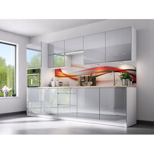 Küchenzeile 300 cm Einbauküche ohne E-Geräten Küchenblock, Aspen K56-M300, Grau/Hochglanz