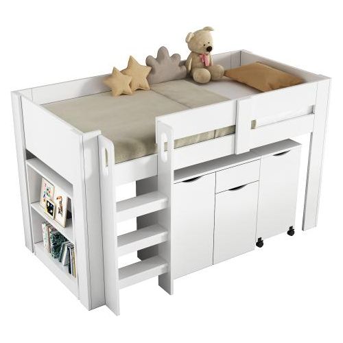 Hochbett 90x200cm (Ohne Matratze) Kinderbett Weiss MDF Mit Leiter Teleskopschreibtisch Herausnehmbarem Schrank Schublade Stuhl Mit PolyurethanKissen Regal