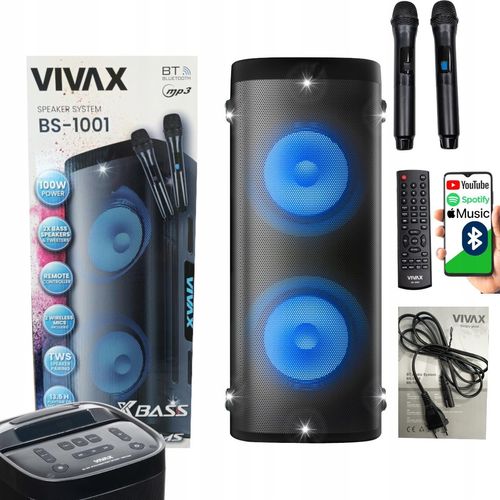 Bluetooth Lautsprecher Leistungsstark 100W! Vivax Karaoke + 2 Led-Mikrofone Aux/Usb, Tws