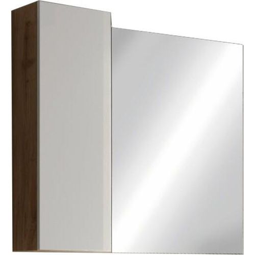 Designerspiegel mit Aufbewahrung, 78x75 cm, Kollektion BURA, in glänzendem Weiß und hellem Eichenholz.