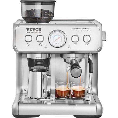 Espressomaschine mit Mahlwerk, 15 Bar Halbautomatische Espressomaschine mit Milchaufschäumer, Dampfdüse, Abnehmbarem Wassertank und Druckmesser für Cappuccino, Latte, Machiato