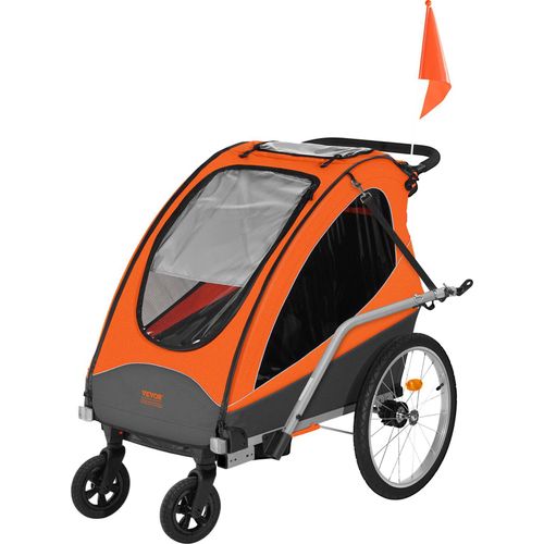 Fahrradanhänger Doppelsitz, 54 kg Tragkraft, 2-in-1-Verdeckträger, umbaubar in Kinderwagen, faltbarer Kinderfahrradanhänger zum Ziehen mit universeller Fahrradkupplung, Orange und Grau