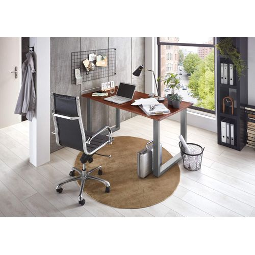 Schreibtisch Palma 120x80 cm, Akazienholz nussbaumfarben & massiv, Bürotisch mit echter Baumkante, Computertisch mit U-Gestell aus Metall Silber