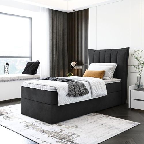Kinderbett, Boxspringbett LUMORA MINI mit T25 Topper, Einzelbett, Stauraum, Schlafzimmer, Polsterbett, 80x200 cm. (Schwarz - Itaka 15)