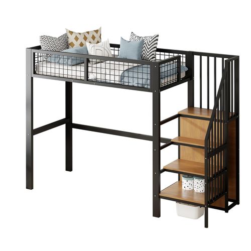 Hochbett,Etagebett(Schwarz) mit Leiter, Kinderbett mit Eisenrahmen und Aufbewahrungsregal, Kleiderschrank
