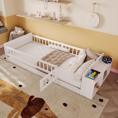 Kinderbett mit Lattenrost und Zaun (90x200 cm) Rausfallschutz, Stauraum, Einzelbett, Holzbett, Kiefer