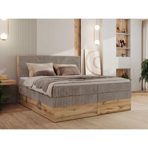 MKS MEBLE Boxspringbett WOOD CLASSIC KING, Doppelbett mit zwei Multipocket-Matratze und Toppper, hohe Kopfteil, Stauraum - 200 x 200 cm - H3 - Hellbraun Cord