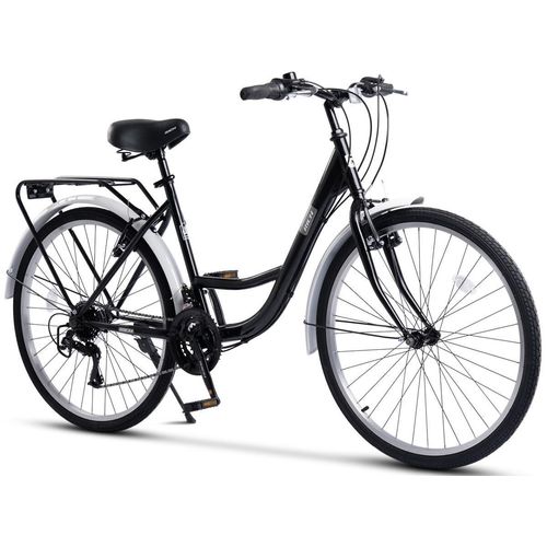 AIORBER 21 Gang Citybike 26 Zoll, Stahlrahmen Hardtail MTB, Gepäckträger & Schutzbleche, Reflektoren, V-Brake, Schwarz
