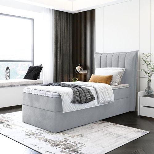 Kinderbett, Boxspringbett LUMORA MINI mit T25 Topper, Einzelbett, Stauraum, Schlafzimmer, Polsterbett, 80x200 cm. (Hellgrau - Itaka 51)
