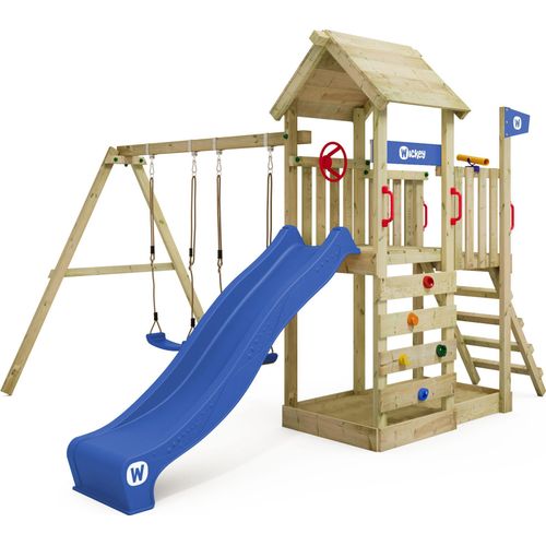 WICKEY Spielturm Klettergerüst MultiFlyer Holzdach mit Schaukel & Rutsche, Kletterturm mit Holzdach, Sandkasten, Leiter & Matschküche - blau
