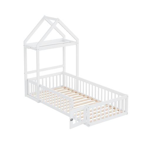 Kinderbett 90 x 200, Kinderbettgestell aus Massivholz mit Stauraum, Vollschutzgitter und Türen und Lattenrost