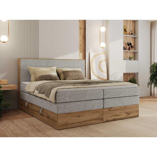 MKS MEBLE Boxspringbett WOOD CLASSIC KING, Doppelbett mit zwei Multipocket-Matratze und Toppper, hohe Kopfteil, Stauraum - 140 x 200 cm - H4 - Hellgrau Struktur