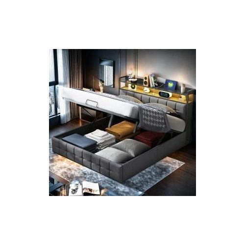 UnboxG LED-Polsterbett 160X200 cm, Bett mit Großer Stauraum & Lattenrost, Bettgestell Metall Boxspringbett, Polster Kopfteil mit Regal und USB-Ladeanschluss, Grau