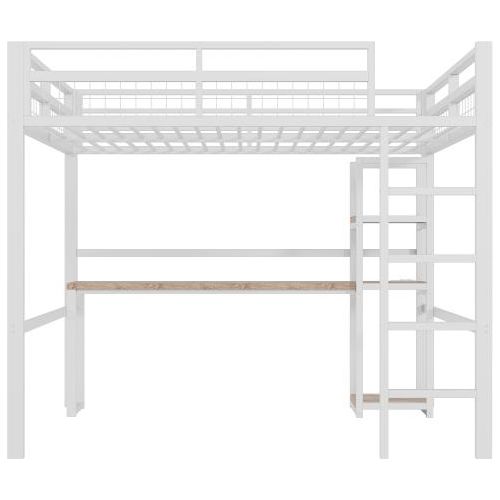 Hochbett 140x200cm ohne Matratze Weiss Gaestebett Einlegeboeden Schreibtisch USB Type-C Trittleiter Einzelbett Metallbett Schreibtisch