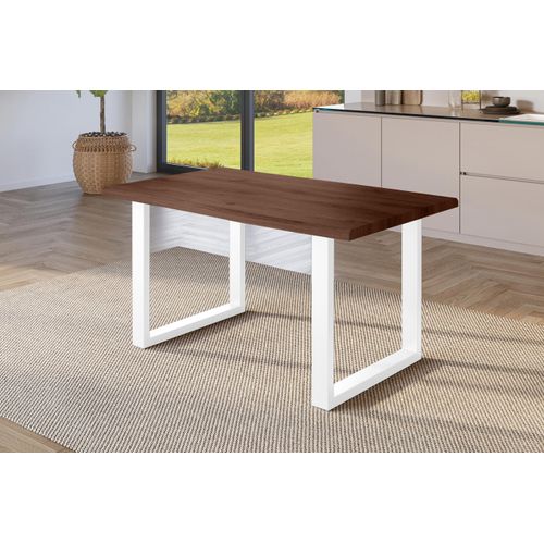 Esstisch 120x80 cm Baumkante Holz Nussbaum-Optik U-Gestell Metall weiß JULIUS